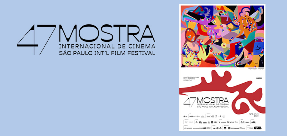 Arte, com fundo azul claro, mostra o pôster da 47ª Mostra de Cinema.