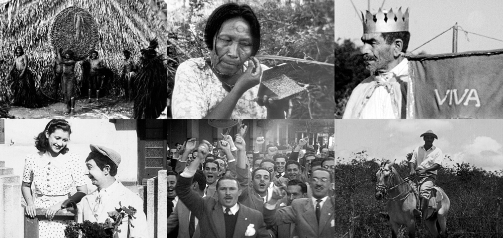 A foto reúne seis imagens em preto e branco, dos filmes de Claude e Dina Lévi-Strauss: indígenas em sua tribo; uma mulher indígena se pintando; um homem com uma coroa de rei; um casal sorrindo; homens protestando; e um homem montando a cavalo