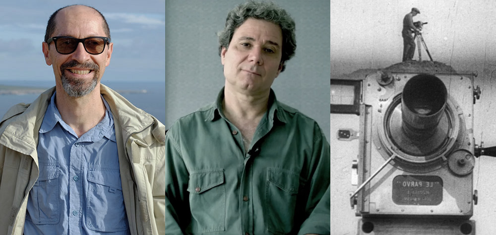 Três imagens: o professor e compositor Luiz Henrique Xavier; o cineasta, roteirista e montador Roberto Gervitz; e foto em preto e branco de uma câmera antiga